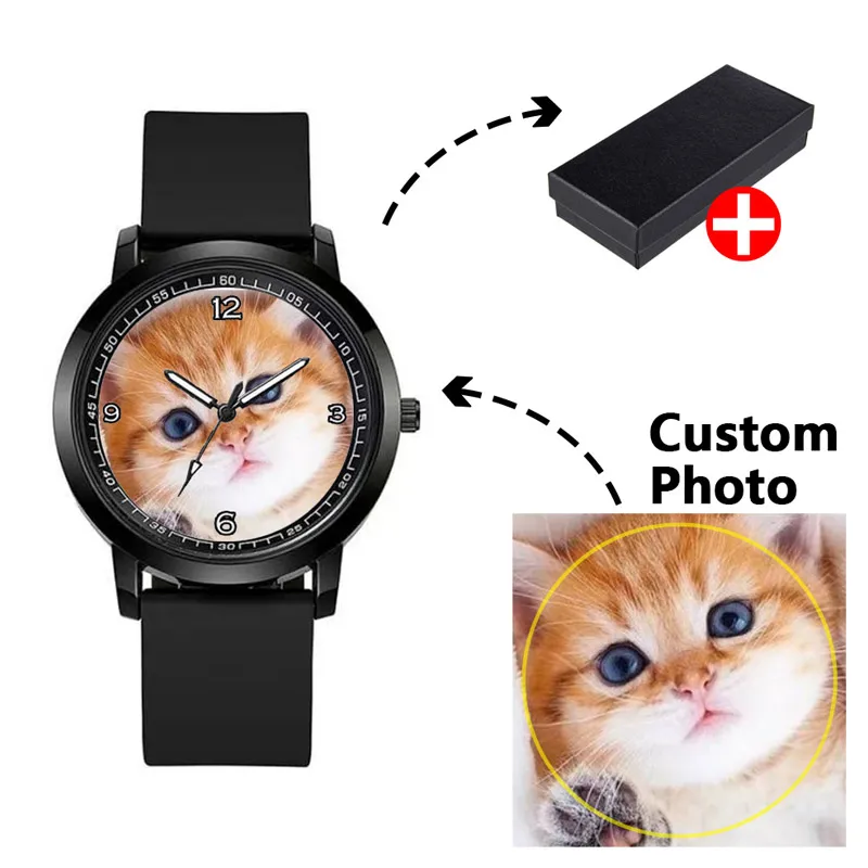 Feminino Casual Silicone Strap Relógios, Quartzo, Pet, Cartoon Design, Fotos Personalizadas, Lembranças de Aniversário, Casal Relógios