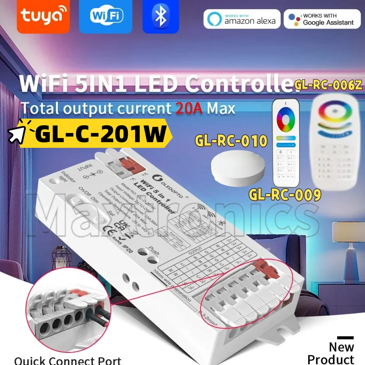 

Bluetooth 20AMax 5 in1 Tuya WiFi LED Strip Controller PWM Analog Smart Life App Control for CCT WWCW RGBCCT RGBW RGB Strip Light