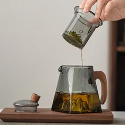 3D Mountains Glass Teapot with Tea Infuser Heat Resistant Glass Tea Pot Clear Kettle Wooden Handle Chinese Kung Fu Tea Sets