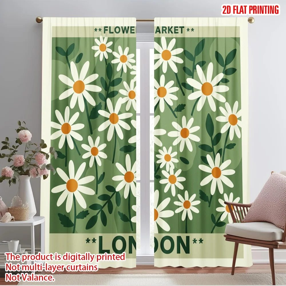 

2pcs 2D flat printing Curtains Flower Market London Daisies Polyester Without Electricity 0 Perfect for Entryway Room Parties