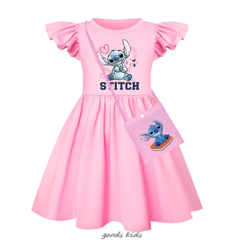 Hot Lilo And Stitch Flying Sleeve Girls Colorful Dress And Bag Summer Kids Party Dresses Children Clothing Vestidos Outfits