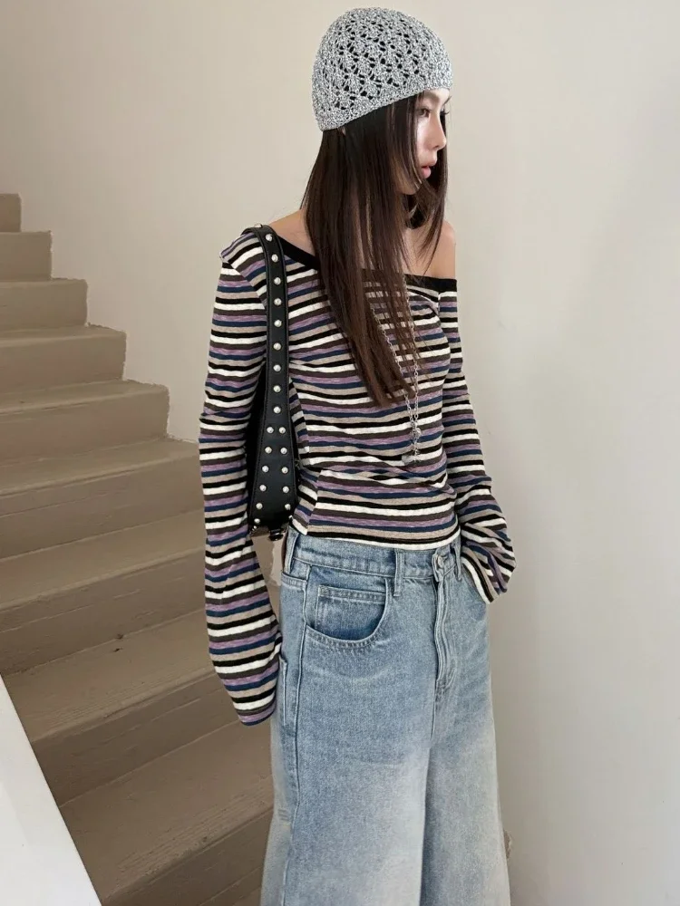 

Y2K Stripe Knitted T-Shirt Women Vintage Grunge Streetwear Slim Fit Tee Harajuku (Character Count: 68)