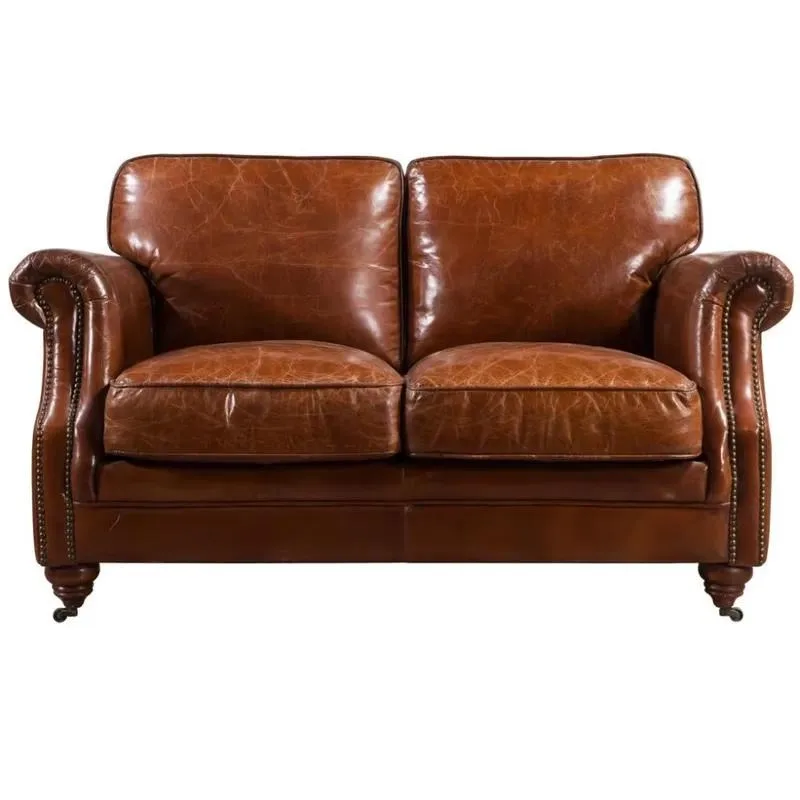 Retro Leather Double Sofa with Armrests
