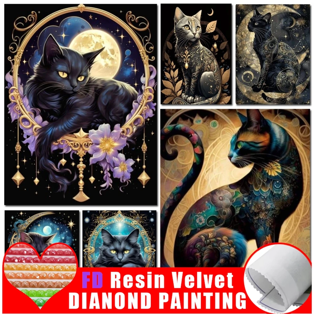 

FD Смола 2025 Новый Черный Золотой Кот Цветы Наборы алмазной живописи 5D DIY Полная дрель Мозаика Животное Ручной Работы Подарок Домашний Декор