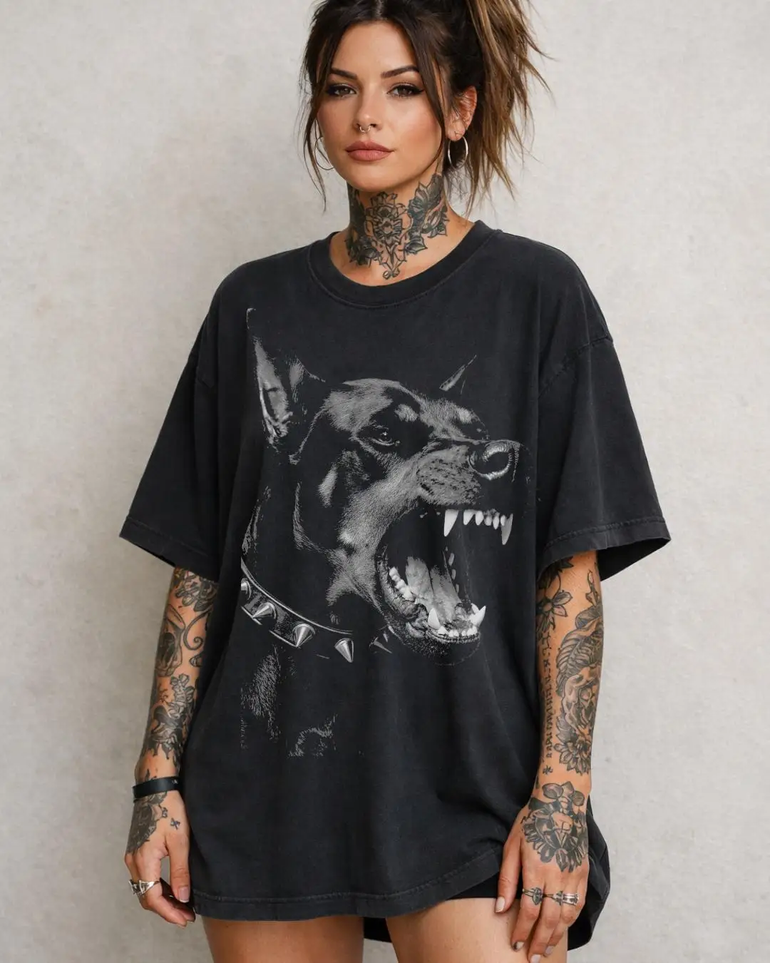 'Snarling Doberman' Graphic T-Shirt Punk Rock Rivet Collar Oversize Black Tee Dark Streetwear”