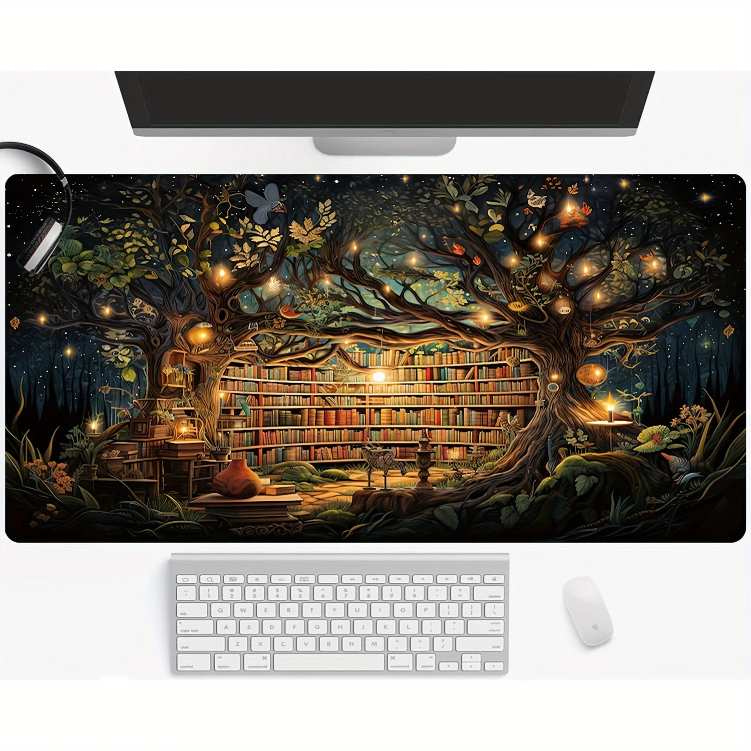 Enchanted Forest Library Tree Large Mouse Pad Premium Non-Slip Rubber Desk Mat Gaming Office