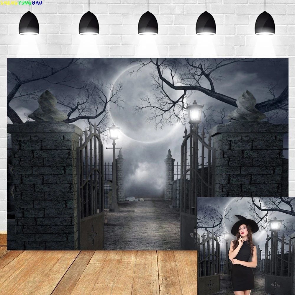 Full Moon Night Halloween Backdrop Scary Misty Forest Gloomy Graveyard Spooky Party Photography Background  Photo Studio Props