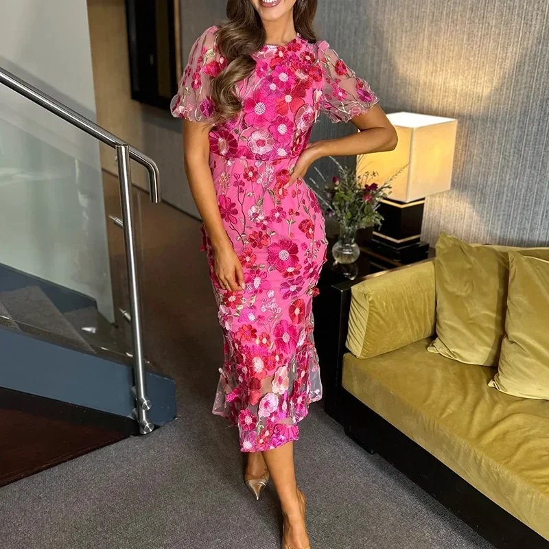 High Street Women's Dress 2026 Spring French Three-dimensional Flower Embroidery Waist Slimming Fish Tail Dress Wholesale