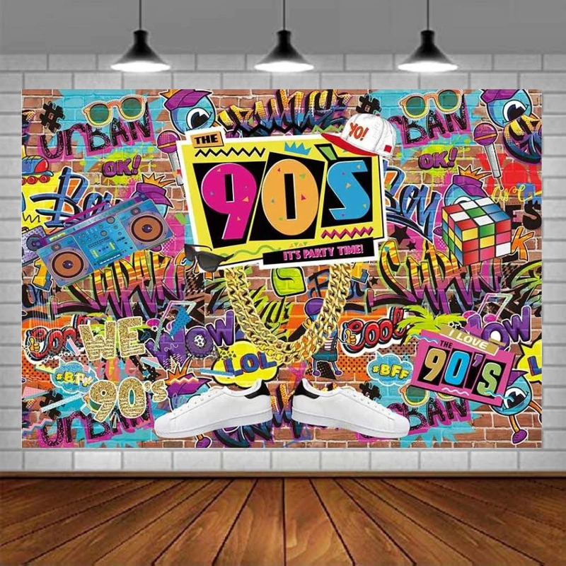 Photography Backdrop 90s Hip Hop Rock Punk Music Dance Disco Retro Adult Birthday Colorful Graffti Brick Wall Decor Background