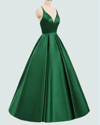 Hunter Green Evening Dresses Satin Long Floor Length V Neckline Backless Formal Party Prom Gowns Elegant Special Occasion Dress