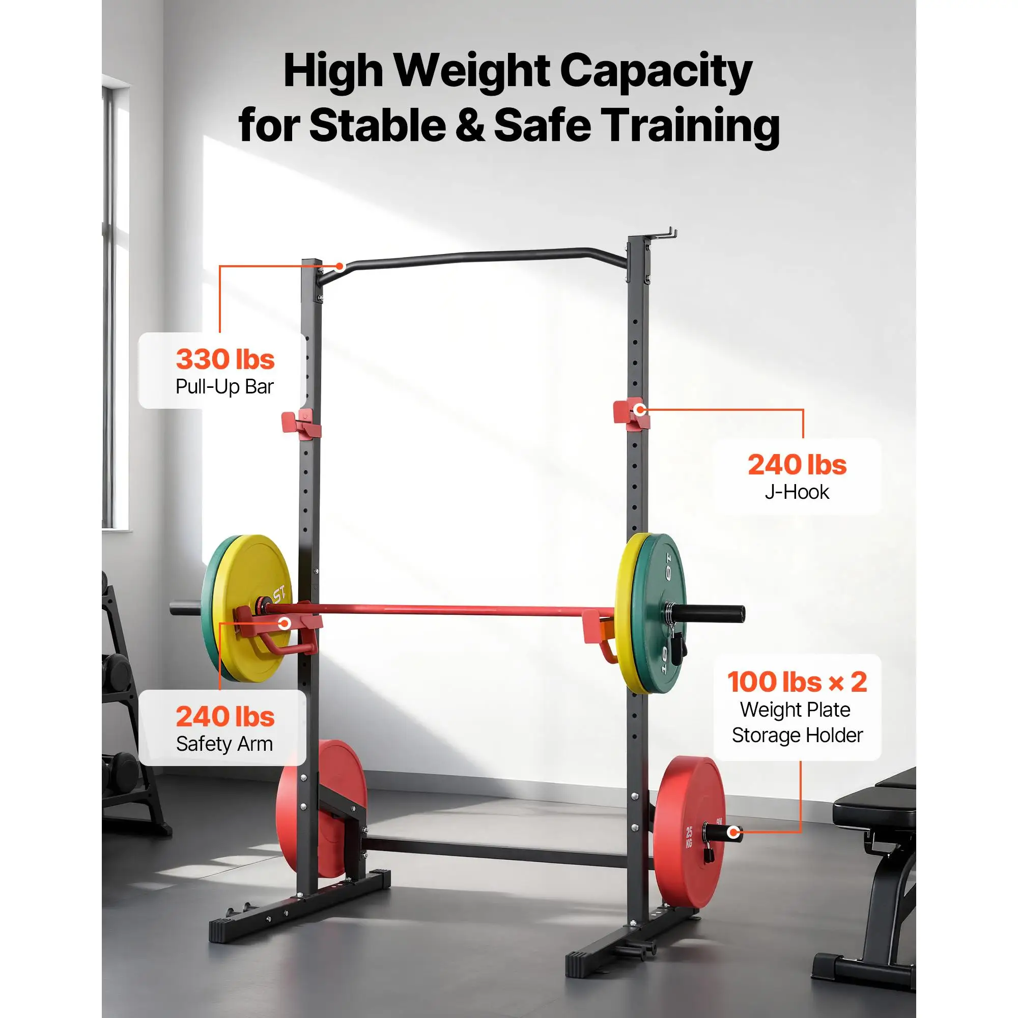 Power Cage Squat Rack Multifunctional Home Gym Strength Training Equipment 1000LBS Capacity with 4 Band Pegs Adjustable J Hooks Safety Bars and Pull Up Bar for Squats Bench Press and Weightlifting