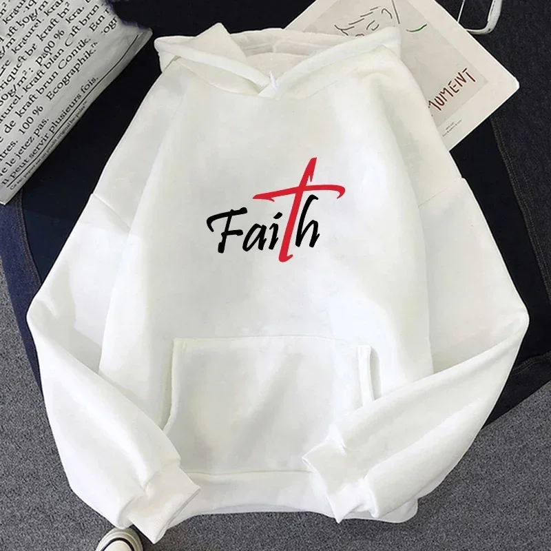 Autumn Winter Faith Letter Printed Hoodies Street Men Fashion Fleece Sweatshirts Casual Unisex Pullover Tops