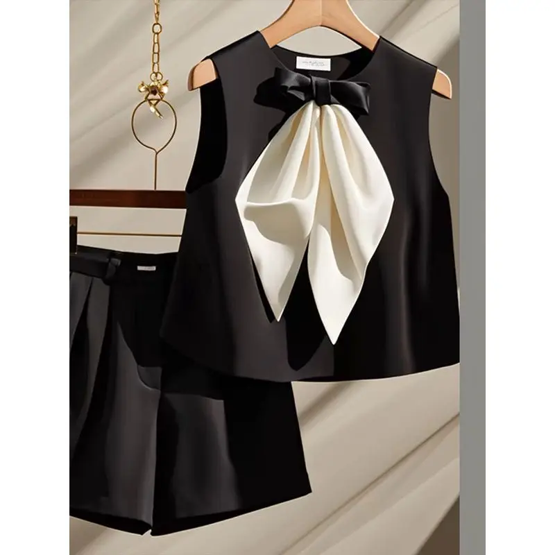 

Summer Office Lady Elegant Outfits 023A Luxury Party Patchwork Suits 2 Piece Set Women Sweet Bow Sleeveless Tops Shorts Sets
