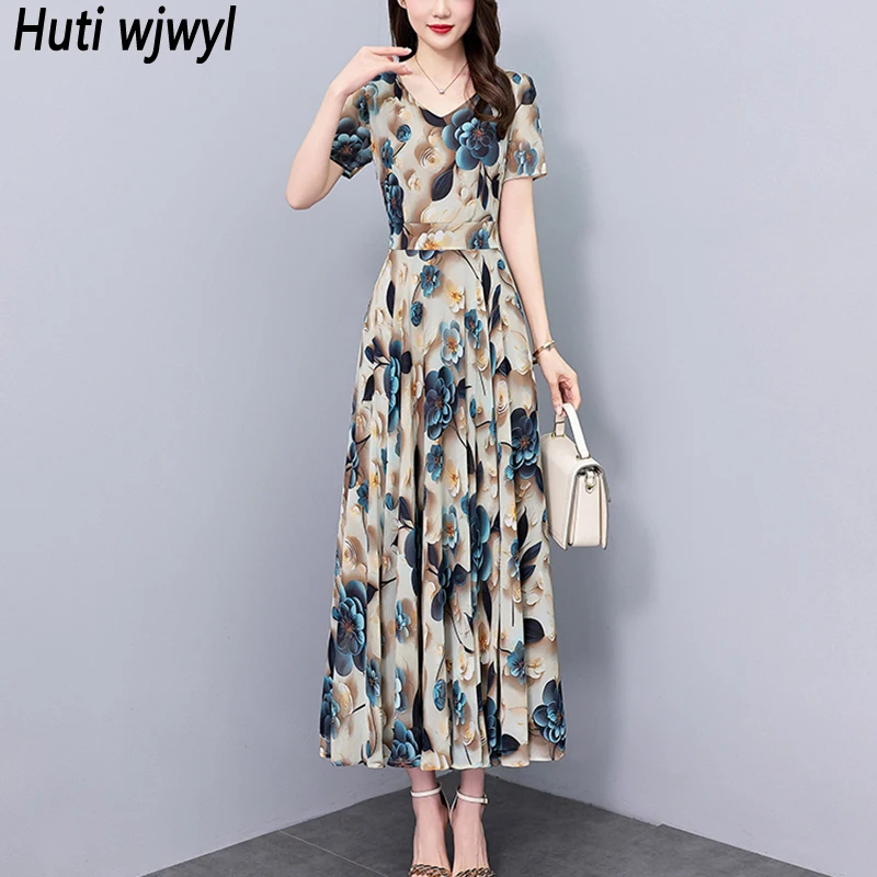 2025 Summer New Chiffon Floral Dress Women Elegant Fashion Bodycon Luxury Party Long Dress Korean Vintage Chic Prom Midi Vestido