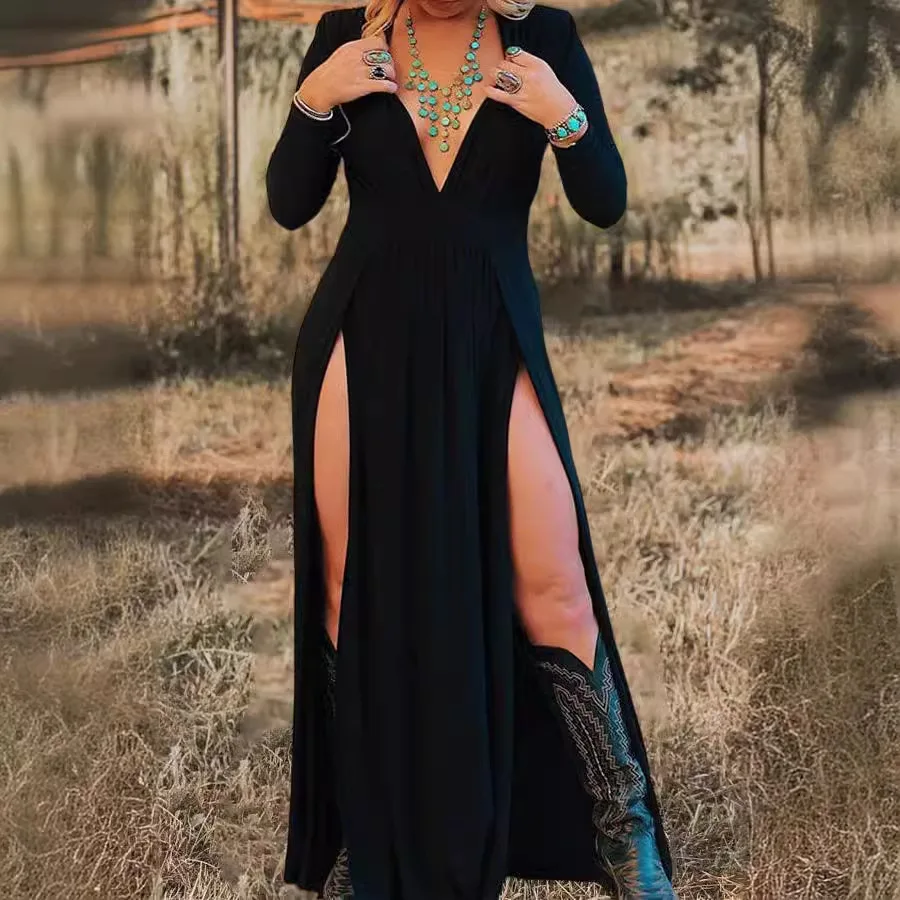 

New Dignified Simple Gentle Fashionable Versatile Sexy Avant-garde Long Sleeved V-neck Solid Color Hollow Out Dress