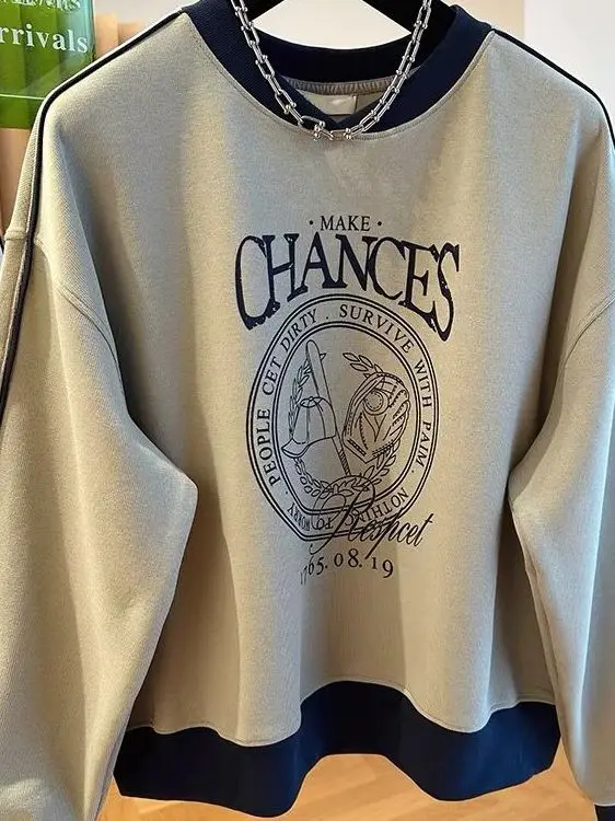 

Женский свитшот больших размеров в американском ретро-стиле с принтом, высококачественный, с цветными блоками, длинными рукавами, осенне-зимний, свободный крой, облегающий силуэт, с круглым вырезом, модный