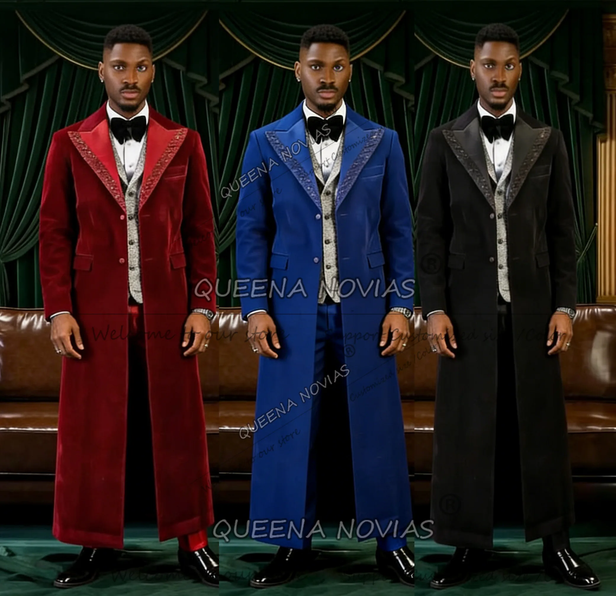 

Unique Design Men Suit Long Customized Velvet Single Breasted Jacket Pants 2 Piece Set Groom Formal Wear Wedding Tuxedos Elegant