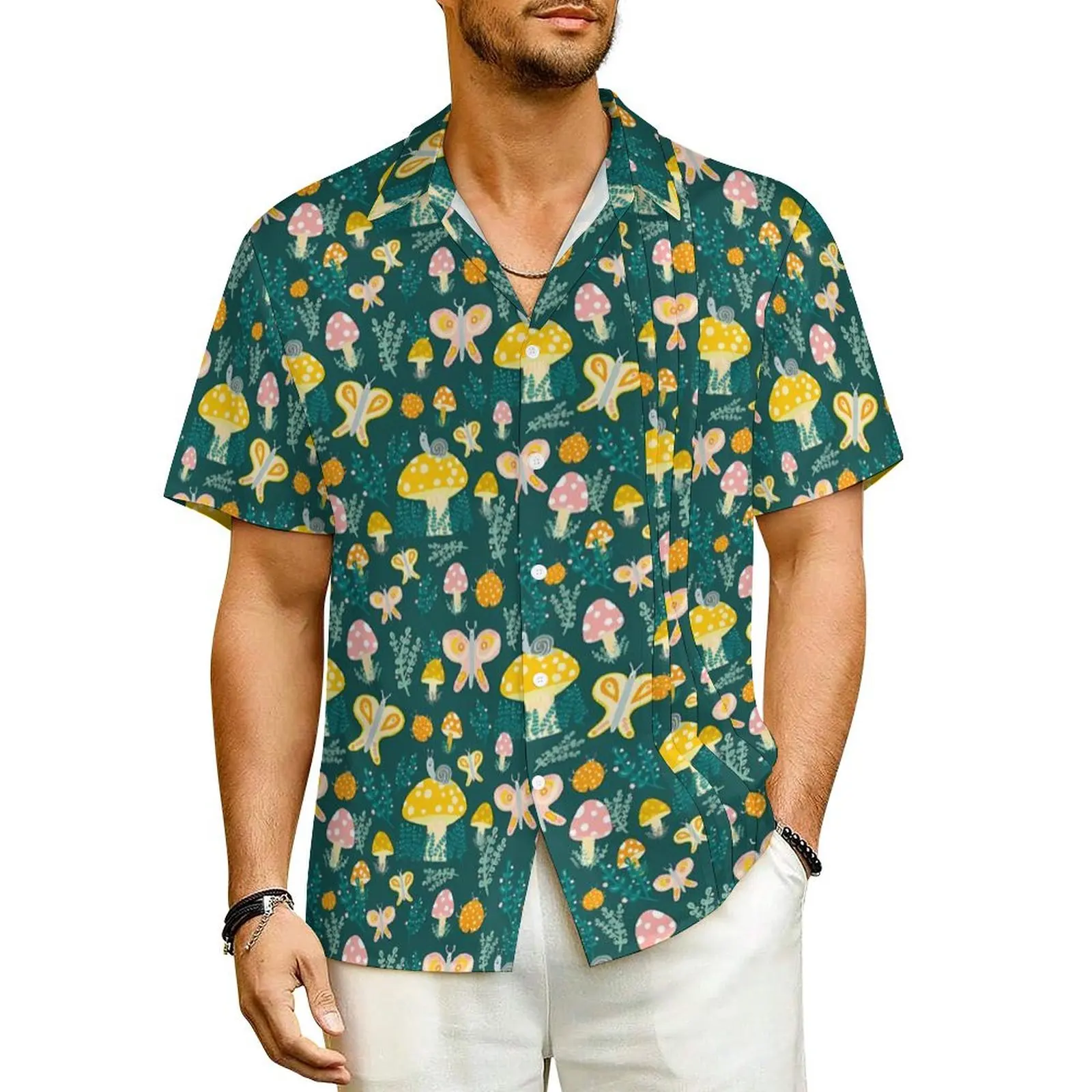 

Magic Mushroom Casual Shirt Cute Butterflies Snails Vintage Hawaiian Shirts Mens Short Sleeve Vacation Street Plus Size Blouses