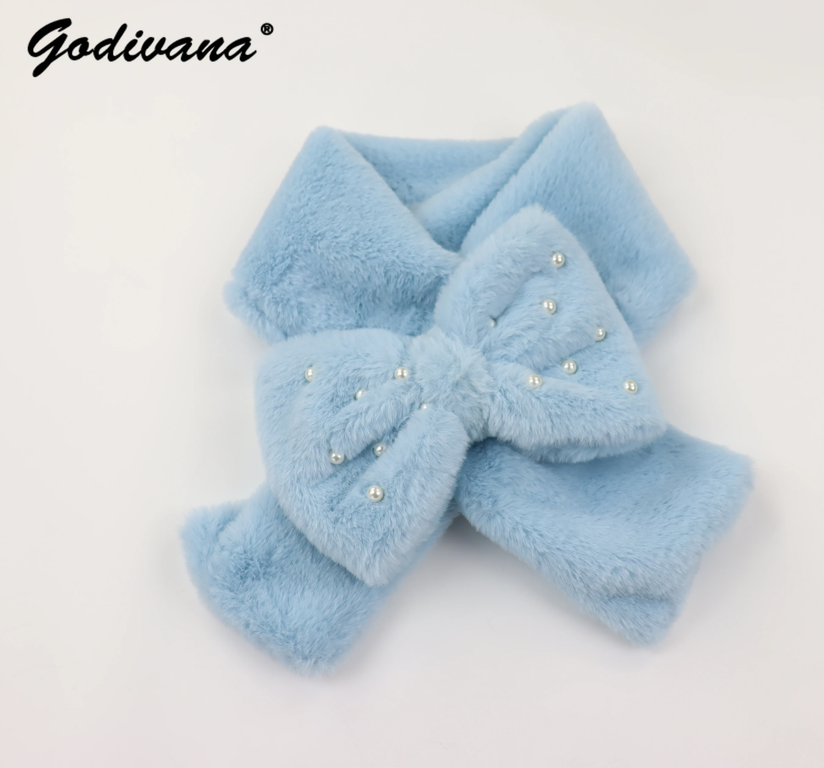 Cute Pearl Beaded Bow Scarf Japanese Plush Imitation Rabbit Hair Sweet Girl Winter Women\'s Warm Neckerchief