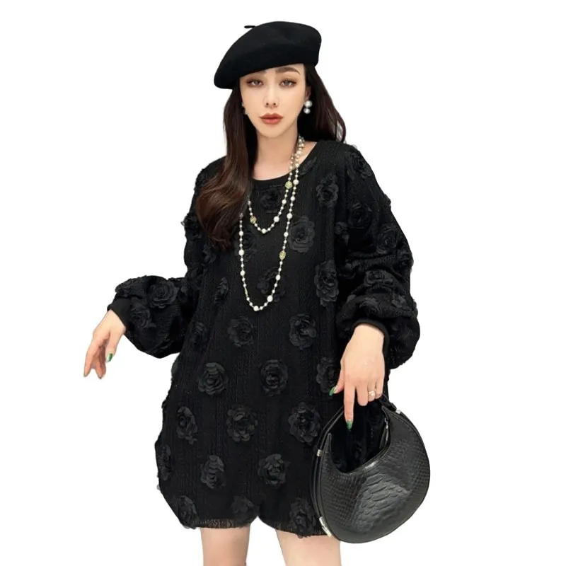 Vefadisa 2024 Spring Summer New Black Korean Style Casual Pullover Tridimensional Flower T-shirt Women One Piece Top ZXF359BF1