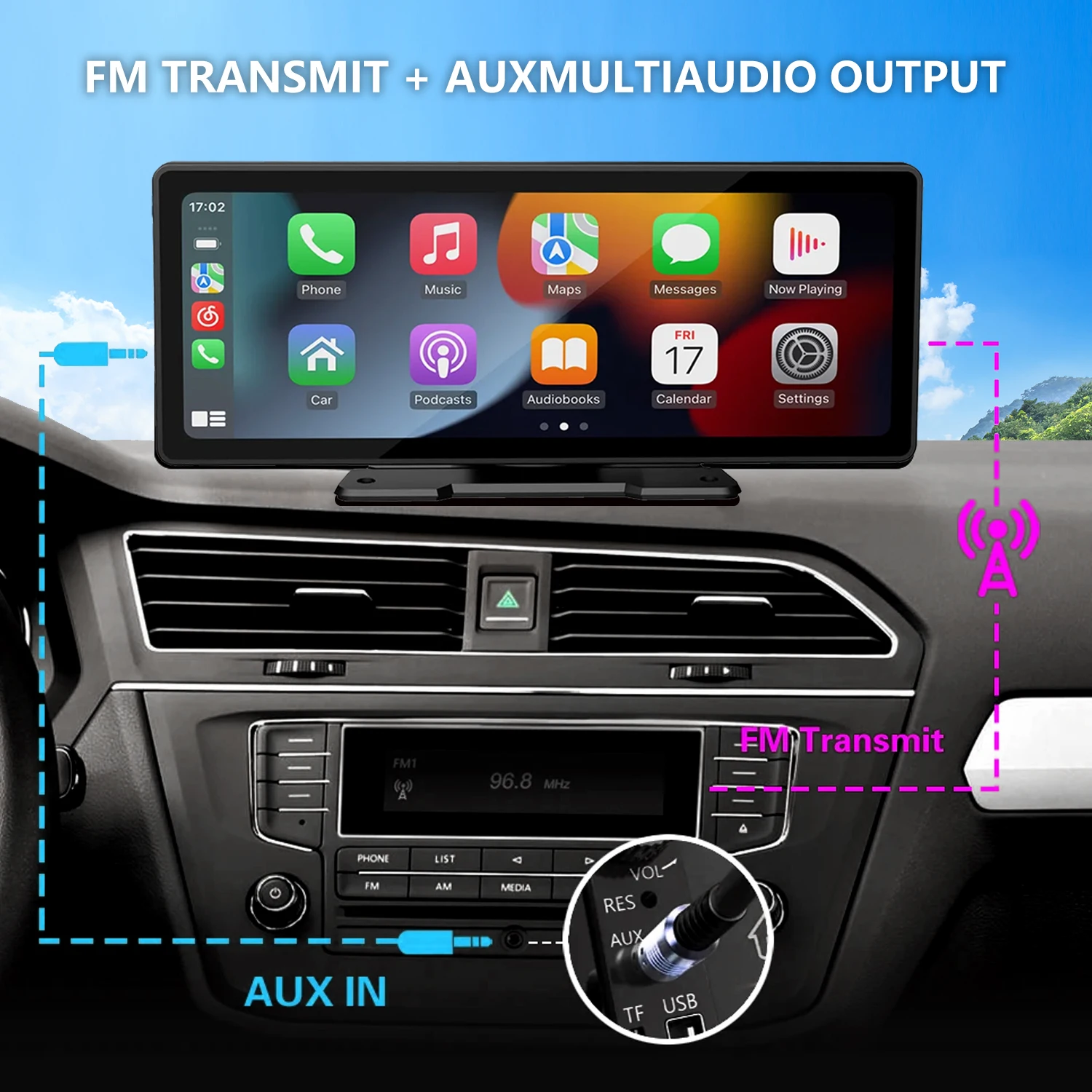 Universal Multimedia Car Radio, Apple Carplay, Android Auto, WiFi Video Player, Câmera sem fio, Bluetooth, FM, AUX, 10,26 na tela