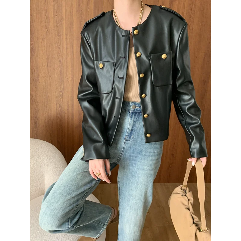 Women Black O Neck Casual Long Sleeve Faux Leather Coat French Gold Button Khaki Chic Autumn Versatile Leather Short Jacket