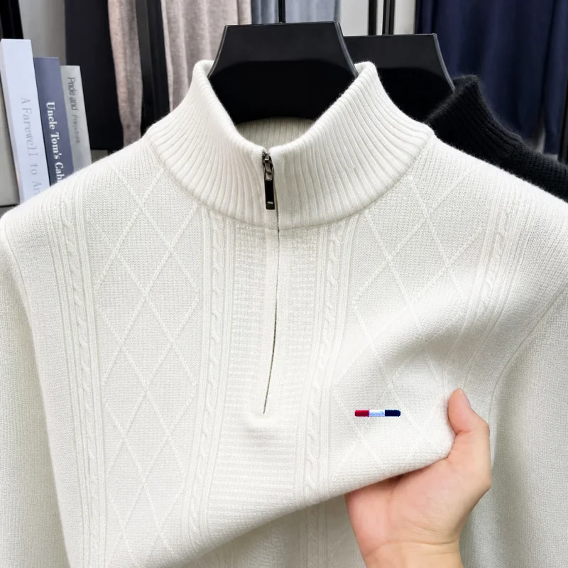 Fashion Man Long-Sleeved Knitwear Mock Neck Zipper Striped Embroidery Diamond Pattern Autumn Winter New Leisure VersatileSweater