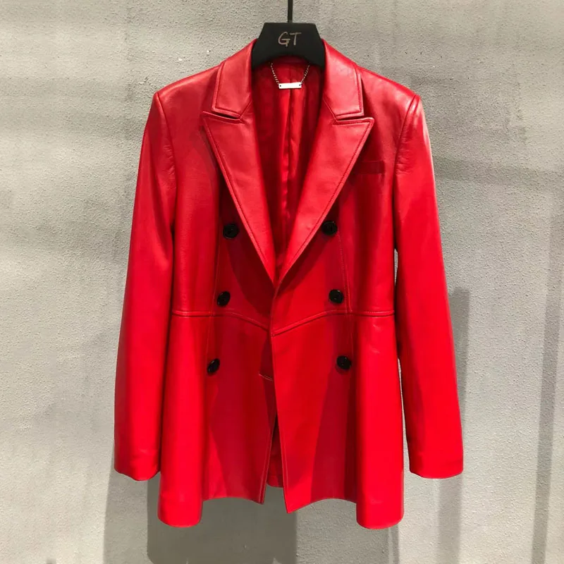 Abrigo de longitud Regular para primavera y otoño, chaqueta de cuero genuino con cuello vuelto, estilo informal, piel de oveja de alta calidad, novedad de 2023