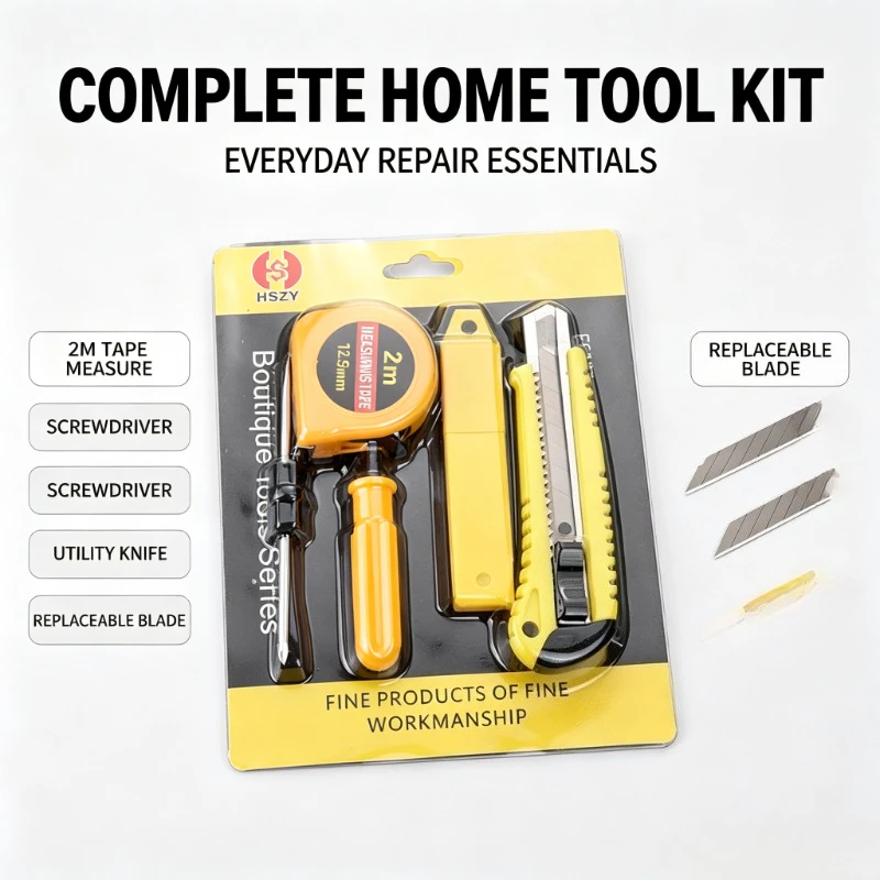 2M Measuring Tape Utility Knife Screwdriver Household Hand Tool Kit Daily Repair Hardware Tools Set for Home DIY Maintenance