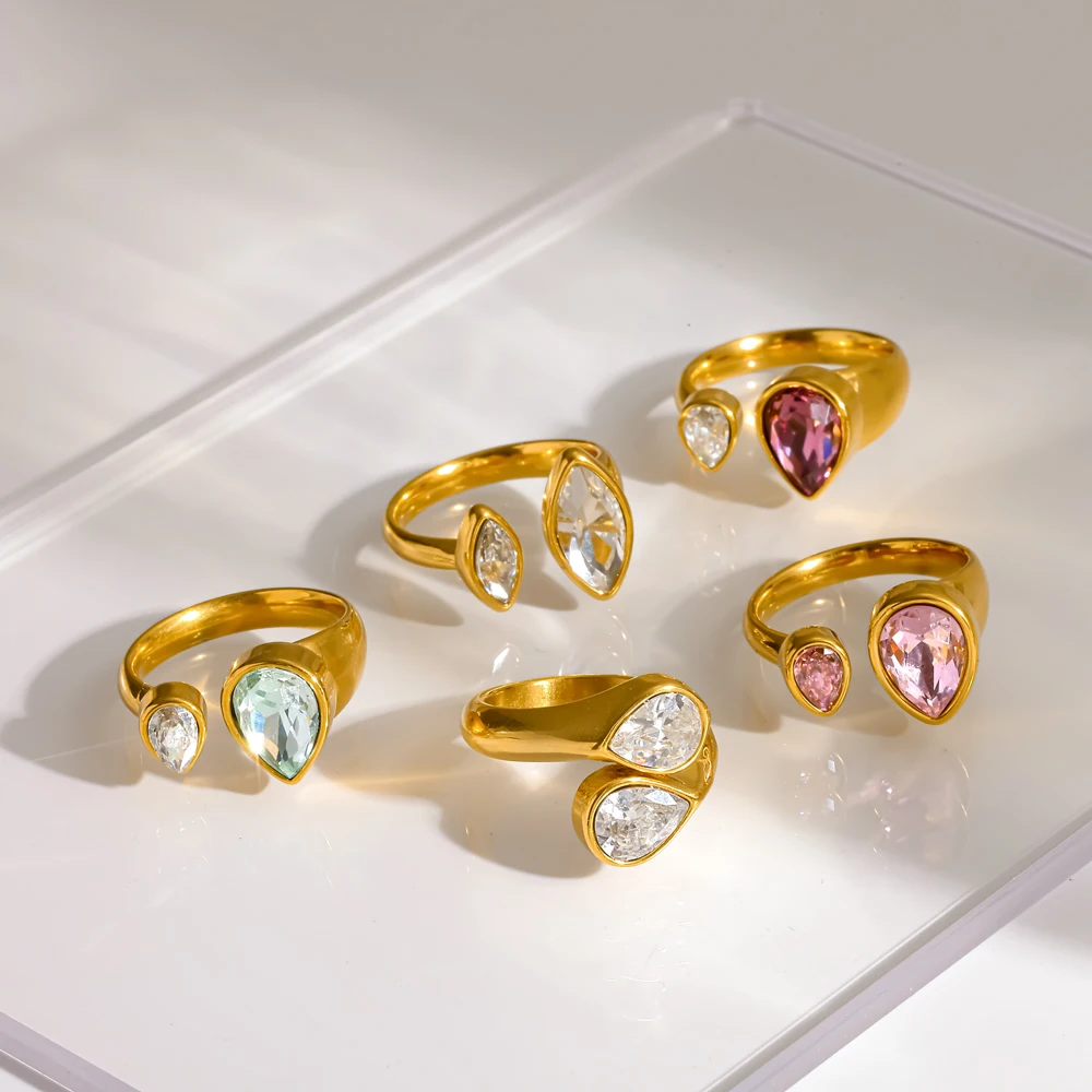 Modischer Damen-Ring mit Exquisitem Wassertropfen-Design aus Kubischem Zirkonia, 18K Vergoldet, Wasserfester Edelstahlschmuck – Detail 2