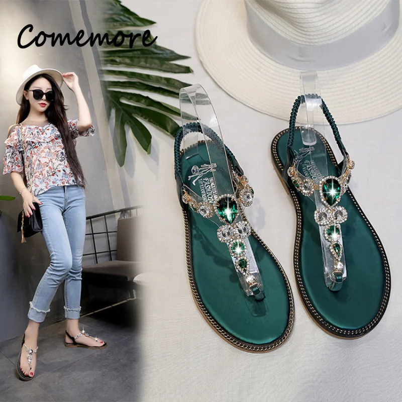 Comemore Summer Shoe Women Comfortable Flat Thong Sandals Casual Ladies Shoes Green Slip on Sandal with Rhinestones Flip-flops