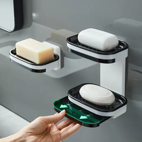 Wall Mounted Soap Dish Punch-Free Drawer Signal/Double Layer Storage Draining Holder Bathroom Organizer Rack Shelves