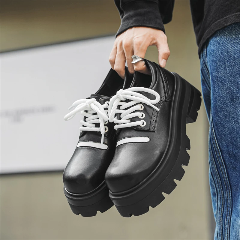 

2024 Autumn Punk Thick Sole Height Increasing Round Toe Derby With Lace Up Trend, Business Casual Work Small Leather Shoes