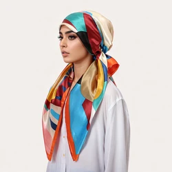 Elastic Printed Headband Cap Instant Scarf Woman Muslim Hijab Solid Satin Silk Hat Lady Fashion Instant Scarf Islamic Turban