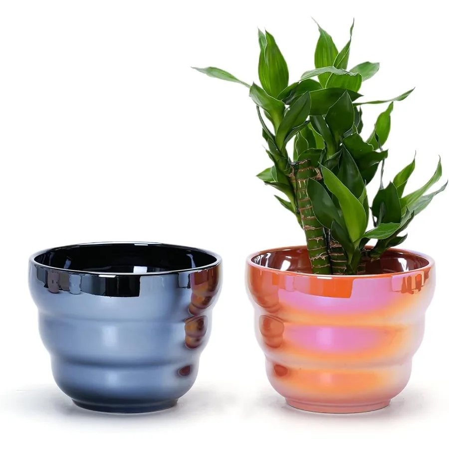 

Indoor 6 Inch Ceramic Plant Pots with Rainbow Pearl Glaze and Drainage Hole Set of 2 for Succulents Cactus Orchid Black and Ora