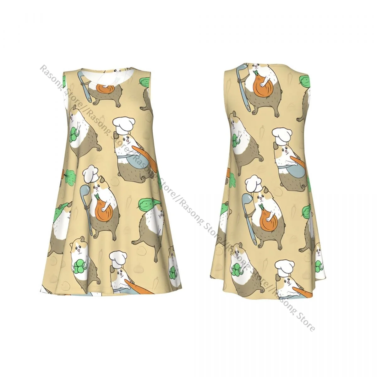 Vestido sin mangas con cuello redondo, conejillos de indias con verduras, vestido informal hasta la rodilla para mujer, vestidos largos