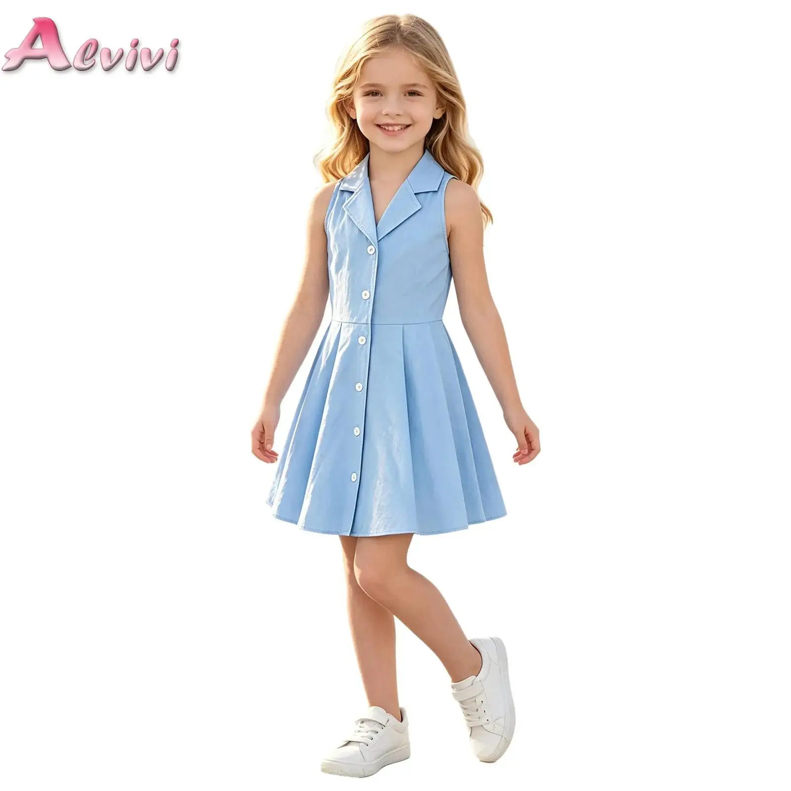Kids Girls 70s Vintage Dresses Lapel Collar Sleeveless Front Button Pleated Dress for Casual Daily Life Theme Party Photo Shoot