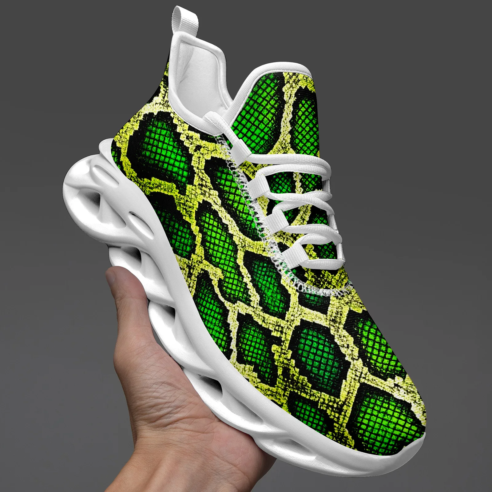 Customization Fashion Trend Casual Comfortable Men' Green & Yellow Snake Skin Printed Graphic Sneakers, Stylish PLUS SIZE