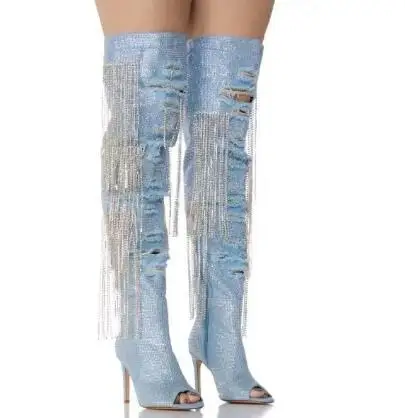 

Light Blue Bling Drill Sequined Crystal Rhinestone Fringe Shabby Holes Peep Toe Thin Heels Over The Knee Boots Custom Made Shoe