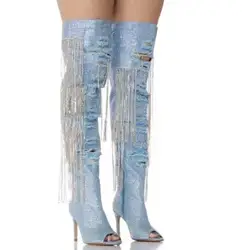 Light Blue Bling Drill Sequined Crystal Rhinestone Fringe Shabby Holes Peep Toe Thin Heels Over The Knee Boots Custom Made Shoe