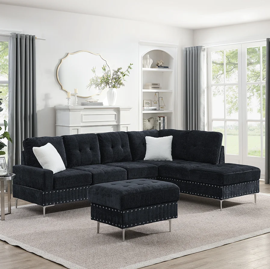 # Sectional 3-Seaters Sofa Set With Chaise Storage Ottoman Metal Legs And Copper Nails Two White Pillows For Apartment