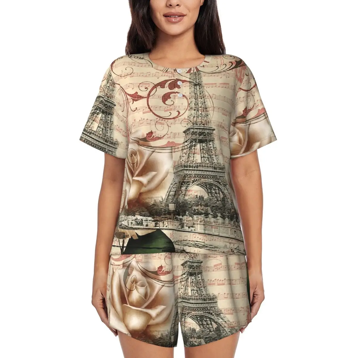 

French Botanical White Rose Paris Eiffel Tower Round Neck Short Sleeve Nightgowns for Sleeping Women Pajama Set Short Pants