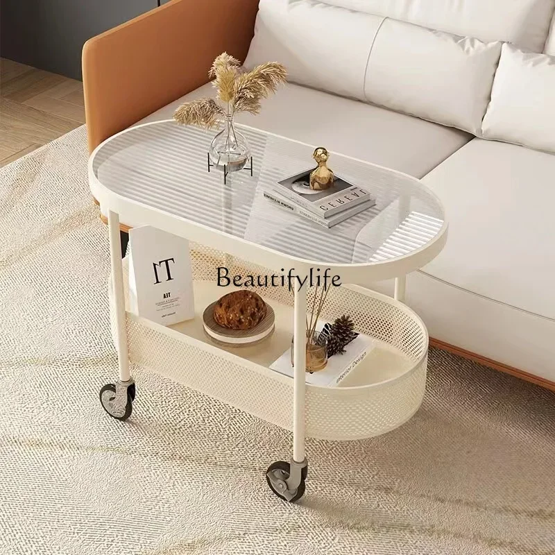

LJYCream Style Oval Mobile Sofa Trolley Glass Side Cabinet