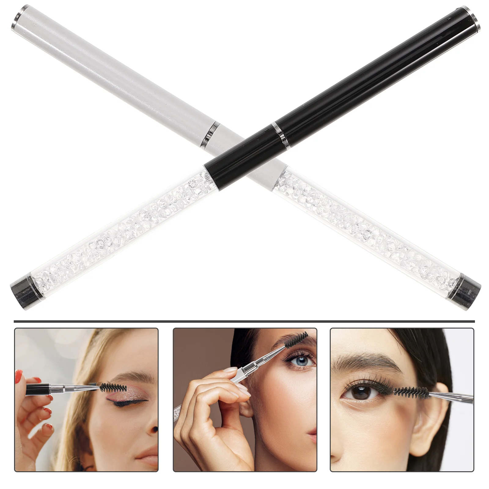2 uds cepillo de pestañas diamantes de imitación fibra espiral pestañas peines varitas herramientas para rímel negro blanco pinceles de maquillaje de viaje
