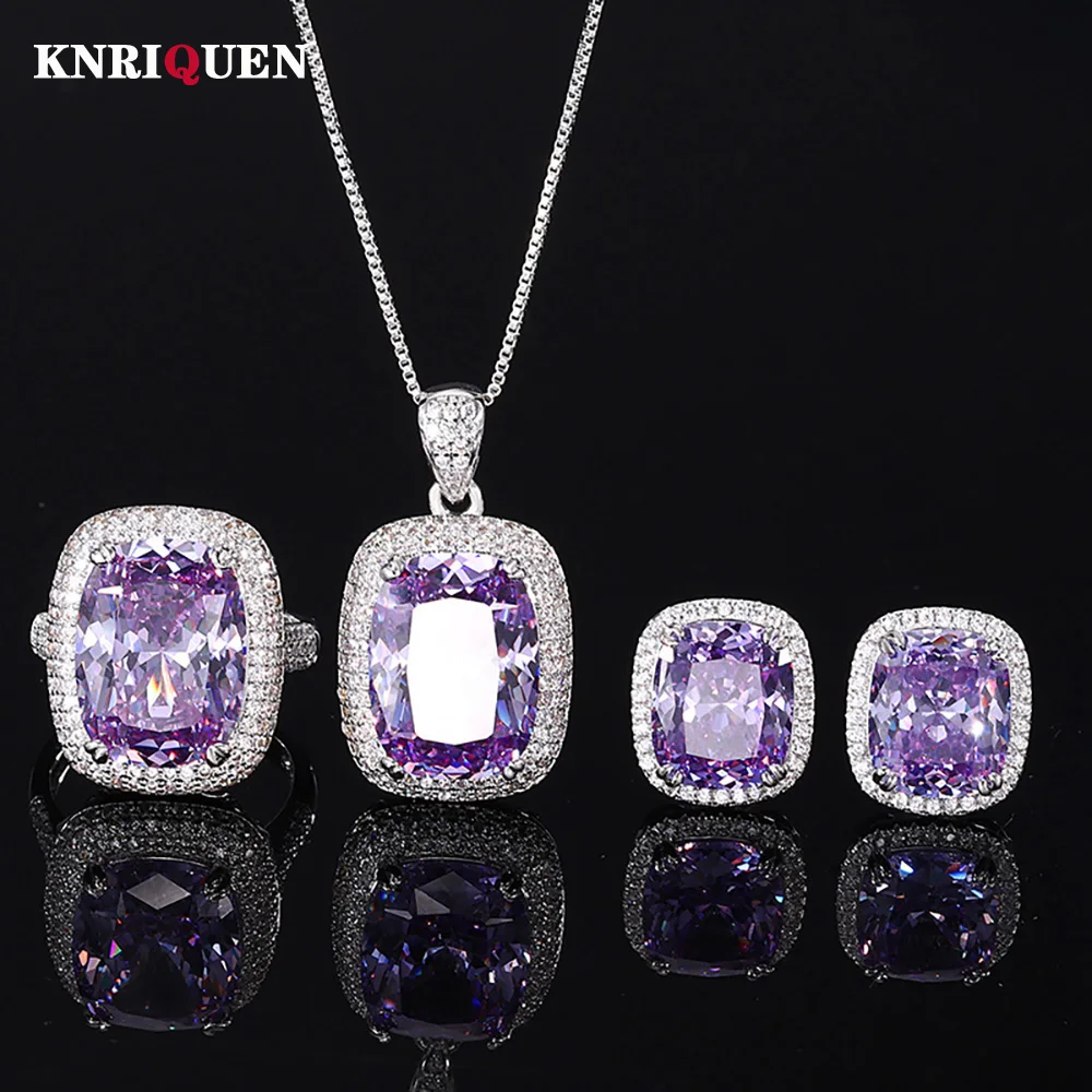 New Luxury 12*16mm Amethyst Gemstone Necklace Pendant Ring Earrings Wedding Fine Jewelry Sets for Women Female Accessories Gift