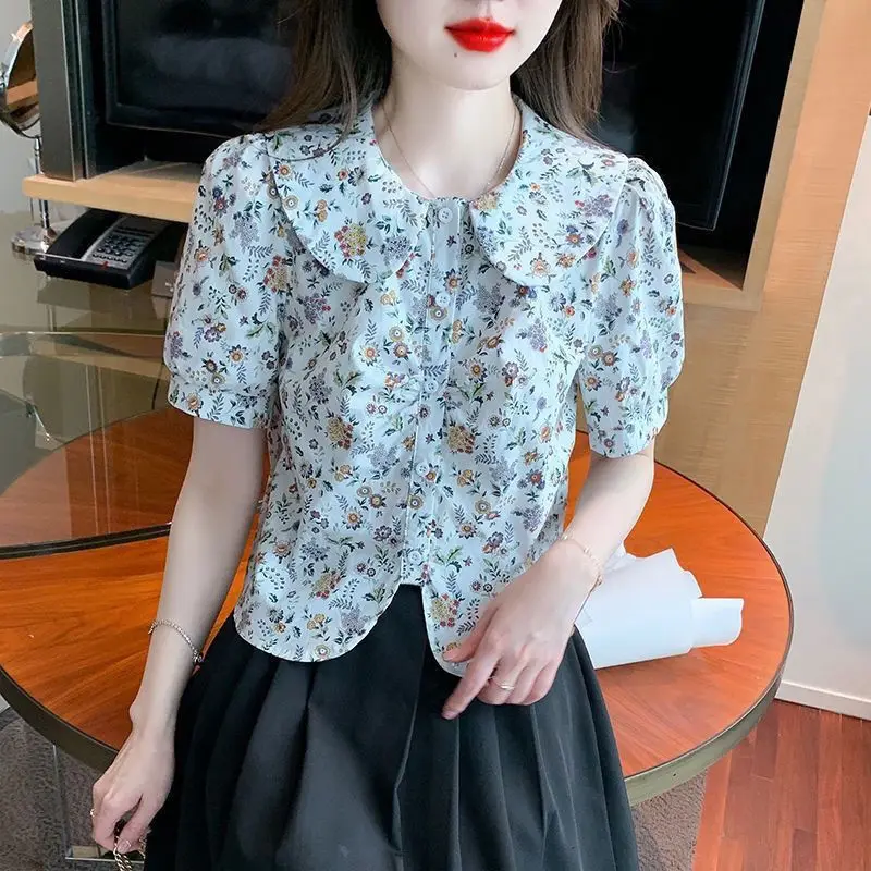 New Floral Korean Youth Shirt Tops Summer Short Sleeve Temperament Print Irregular Short Blouse Fashion Elegant Women Clothing