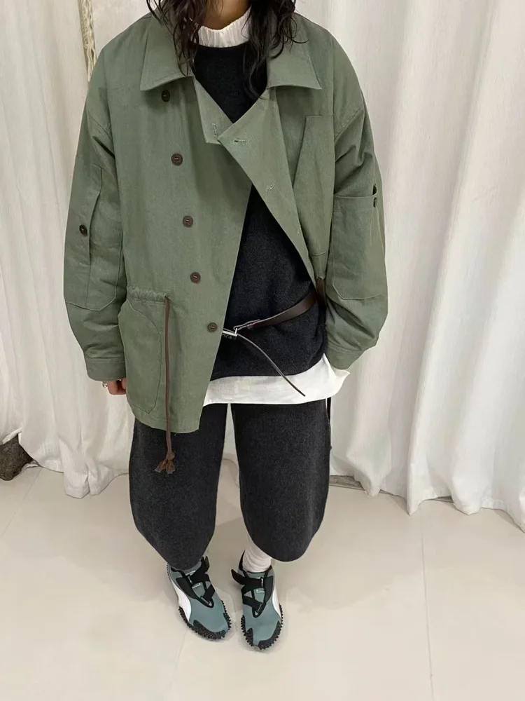 

London Teen Seoul Retro Workwear Sle Jaet Cotton Coat Dstring Design Button Resin Color Fastening Regular Sve Length