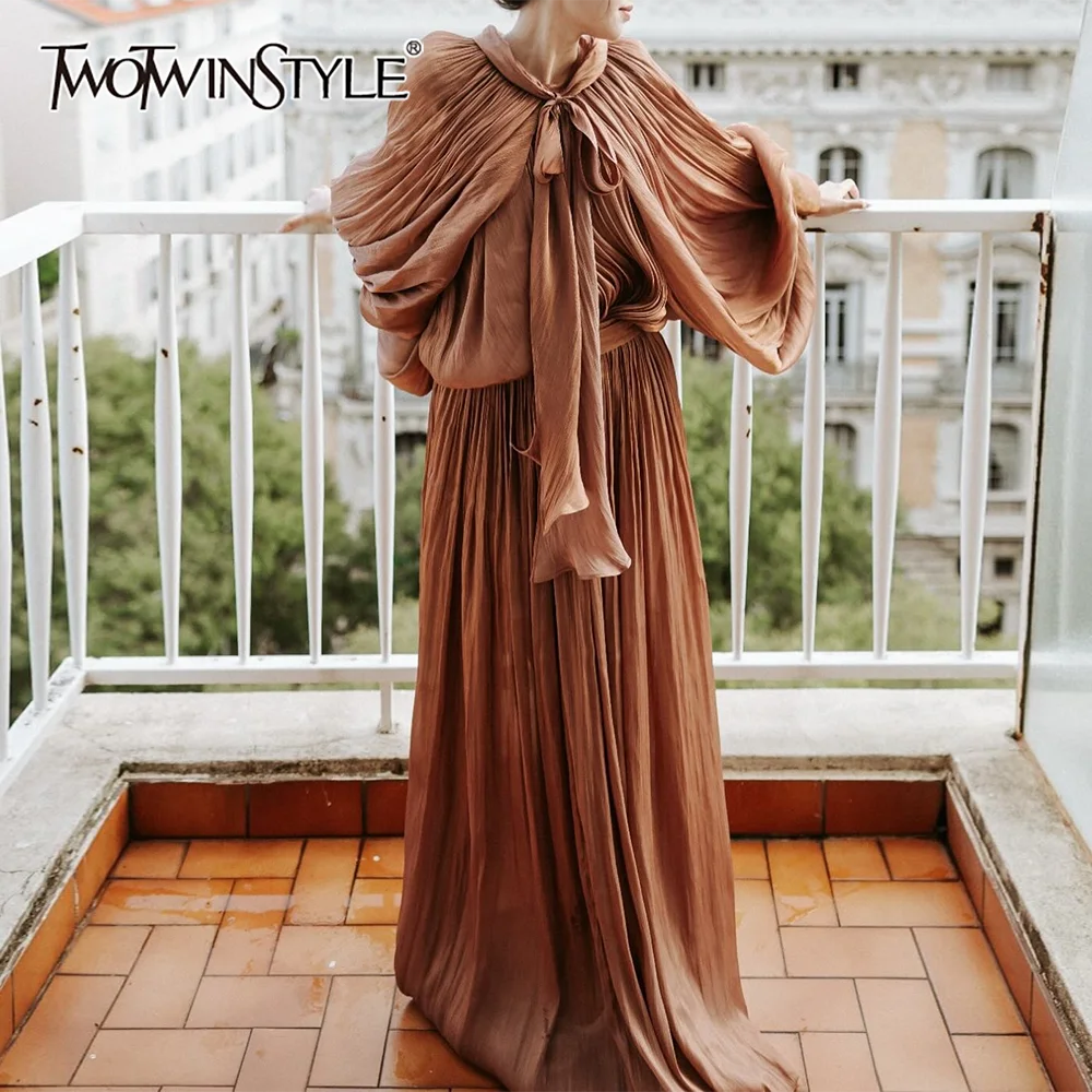 

TWOTWINSTYLE Solid Elegant Chic Dresses For Women Stand Collar Long Sleeve High Waist Patchwork Lace Up Dresses Female Style New