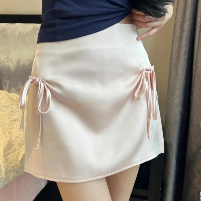 Solid Mini Skirts Women Summer Sweet Girls Bow High Waist Slim Leisure All-match A-line Korean Fashion Temperament Gentle Chic