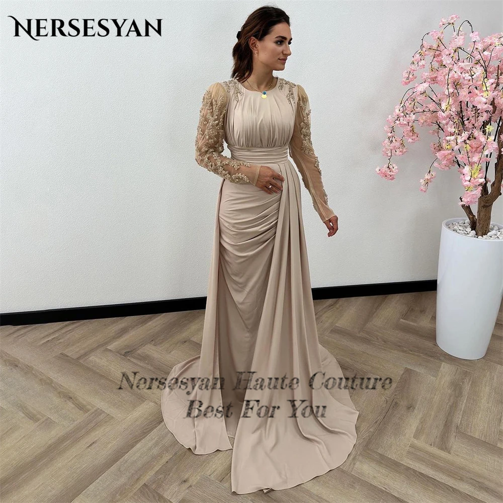 Nersesyan Champagne Mermaid Evening Dresses Beadings O-Neck Pleats Prom Dresses Bridesmaid Occasional Celebrity Party Gowns 2024